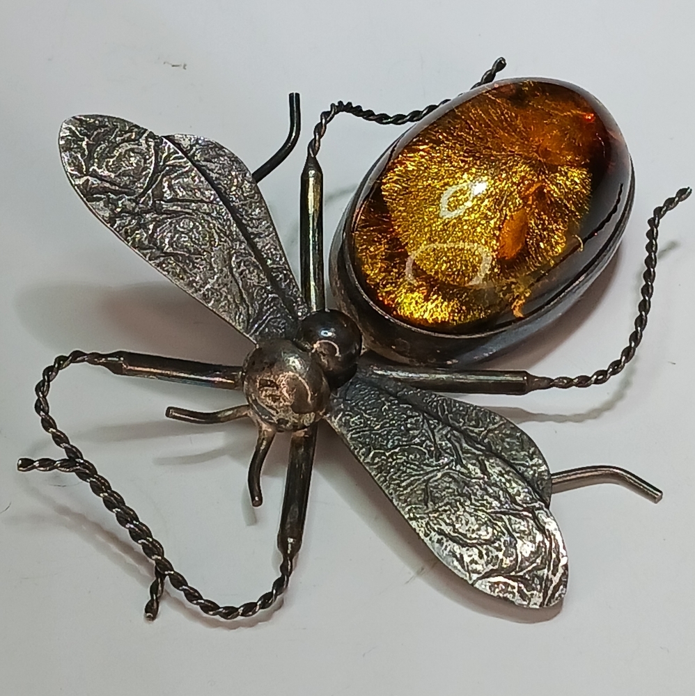 Vintage Amber Sterling Silver Bug Insect Brooch Pin
